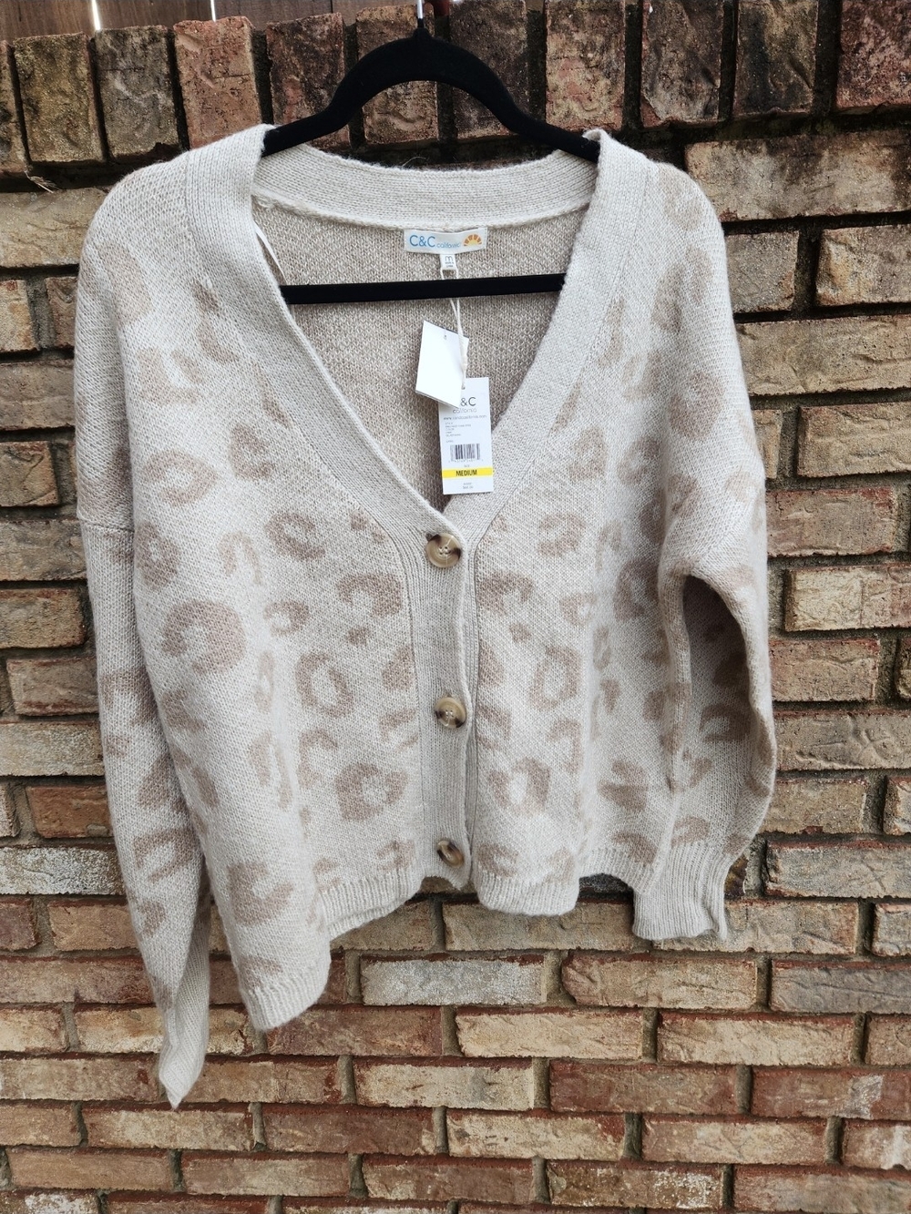 New Women's C&C California Tan Cheetah Cardigan Sweater, $74 size Small or Med
